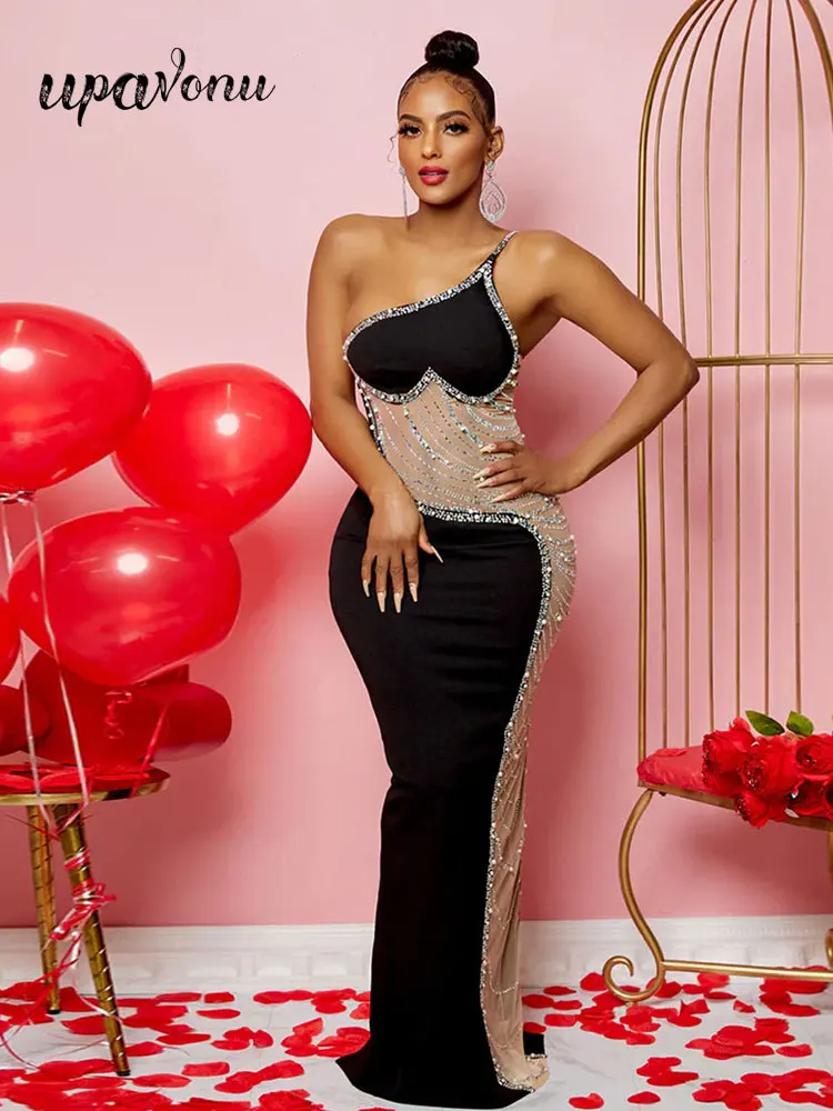 

Sexy Rhinestone Studded Bead Tulle Patchwork Bandage Dress For Women'S Spaghetti Strap Bodycon Cocktail Evening Party Marx Dress