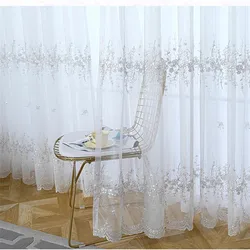 French White Aesthetic Tulle Curtain For Living Room Romantic 3D Embossed Flower Embroidered Sheer Voile Drapes For Bedroom Door