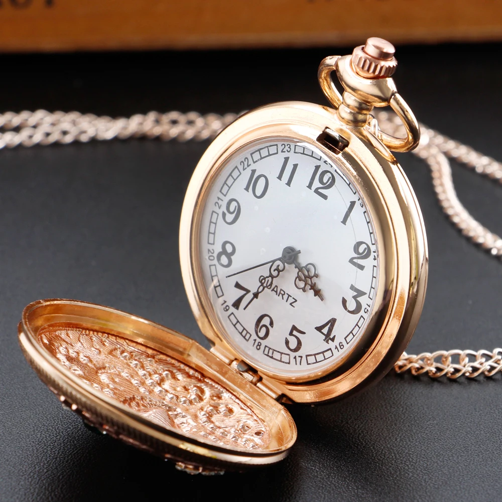 Fashion Rose Gold Multi Diamond Luxury Quartz Pocket Watch Jewelry Necklace Chain Women's Gift for Mom and Wife