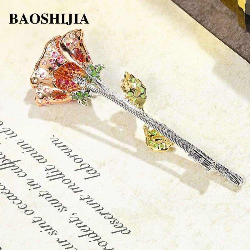 BAOSHIJIA Solid 18K White/Yellow/Rose Gold Fashion Natural Diamond Brooch Colorful Gems Beautiful Flowers Women's Jewelry