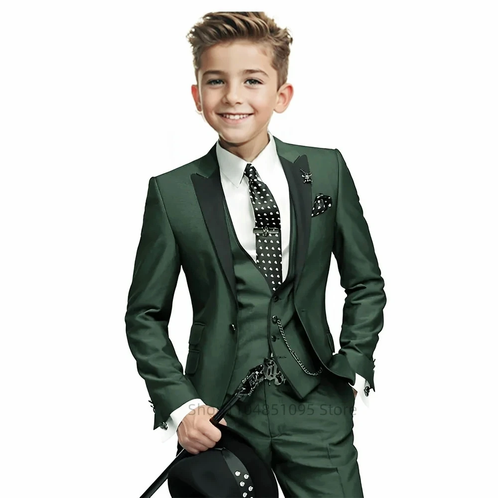 Green Boys Suit 3 Piece Set Fashion Design Jacket Pants Vest Wedding Kids Tuxedo Formal Graduation Outfit Stage Performance Suit