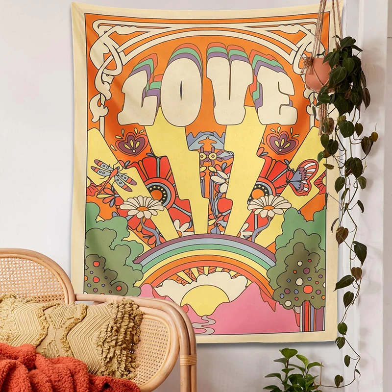 70s Retro Tapestry Vintage LOVE Sun rainbow Wall Art Printed plant flower Psychedelic Hippie Wall Living Room Bedroom Home Decor tapestry decorations