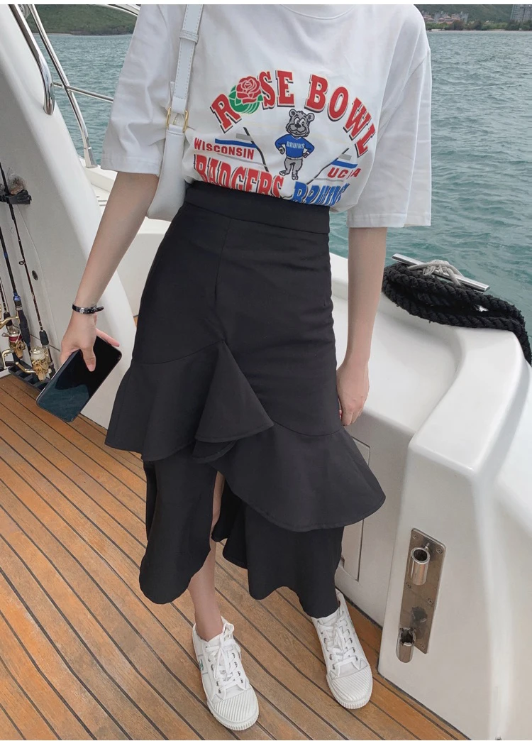 Women Summer Black Bodycon Skirt Korean Style Irregular Ruffle Trim Slim High-waist A-line Long Skirt Elegant Casual Spring 2022 denim skirts for women