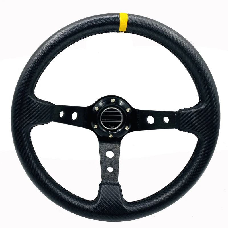 

350mm Carbon Fiber Leather Steering Wheel 6 Bolt Deep Dish Yellow Stripe Racing Steering Wheel With Horn Button