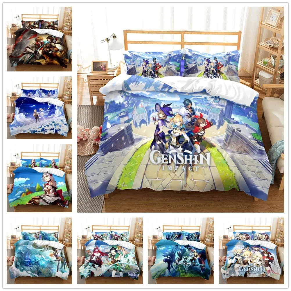 

Anime Game Genshin Impact Bedding Set Kawaii Loli Girl Duvet Cover 3D Print Japan Cartoon Bed Quilt Cover Pillowcase No Sheets