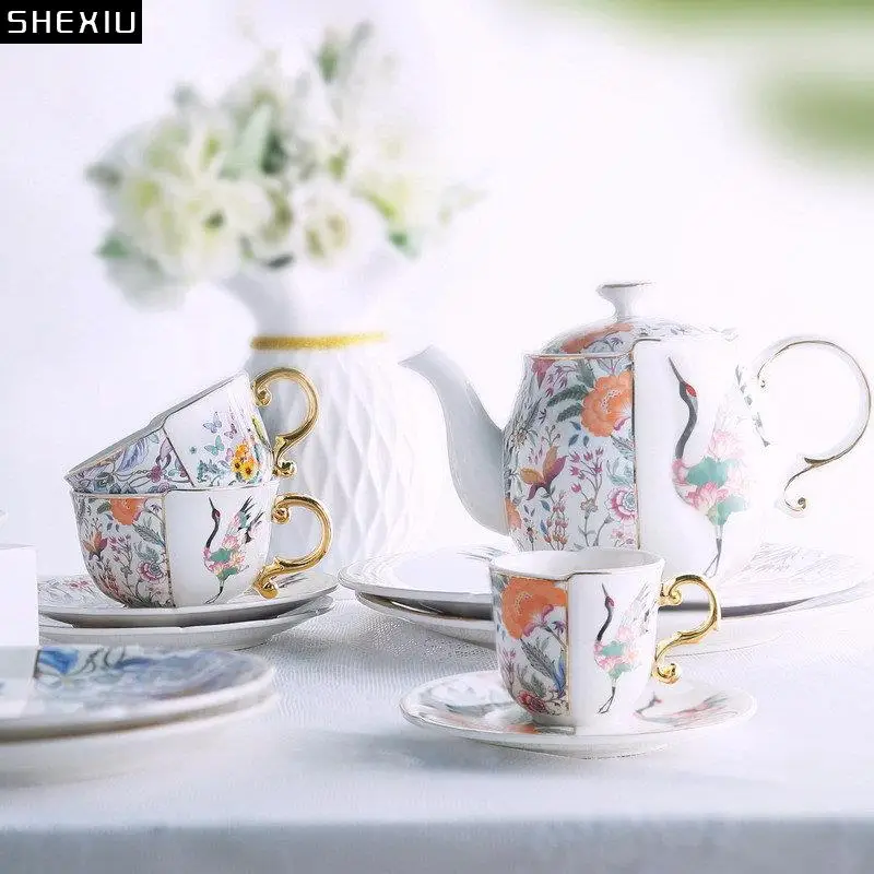 

Fairy Crane Flower Pattern Ceramic Teapot Set Teacup saucer Painted Gold-plated Coffee Cup Afternoon Tea Milk Fruit Juice Mugs
