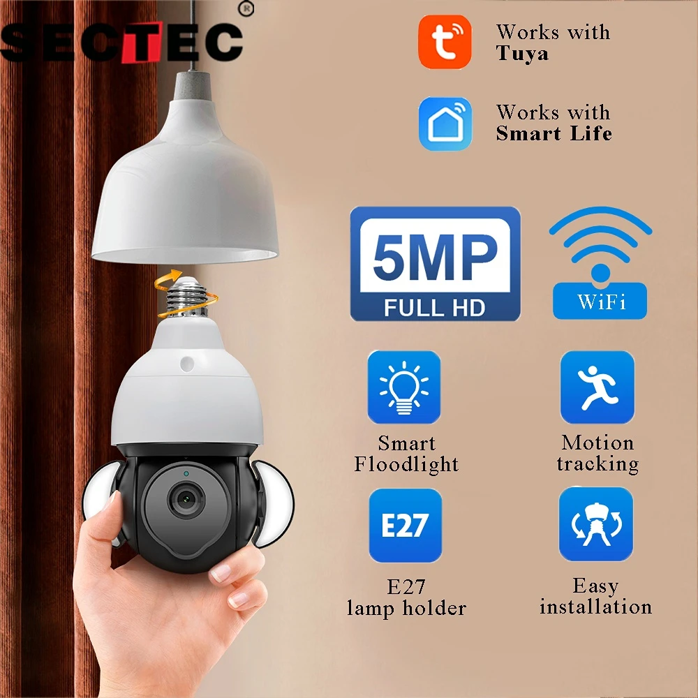 

SECTEC 5MP E27 PTZ беспроводной светильник, камера для дома, для дома, для видеонаблюдения, Tuya, умный прожектор, светильник, камера для слежения за движением
