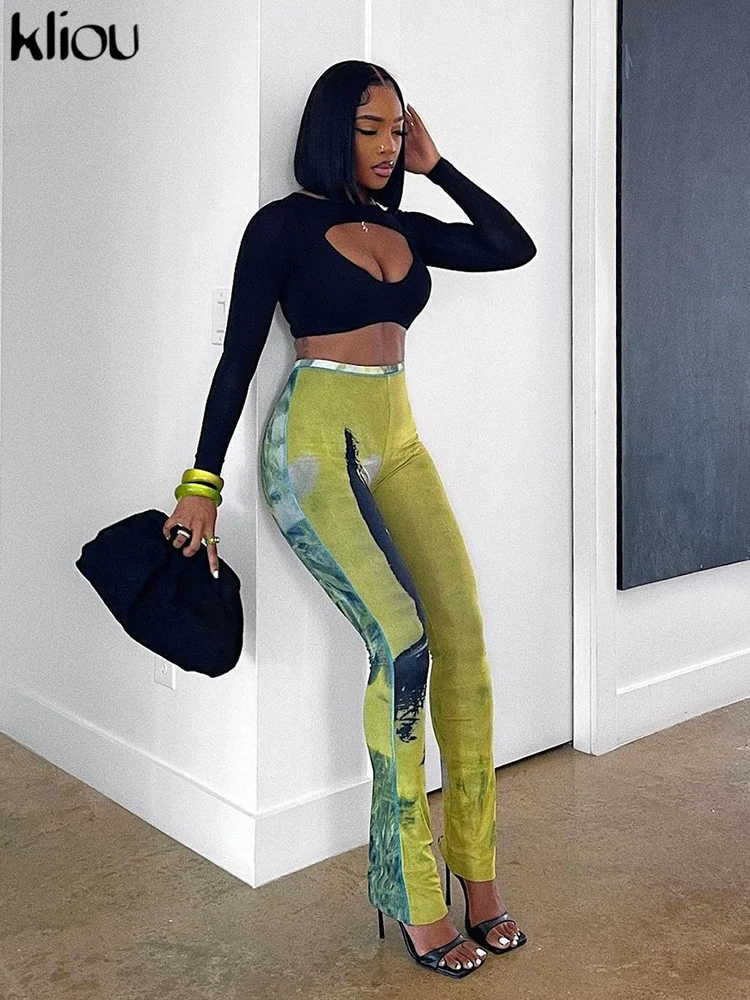 Kliou 메쉬 타이 염색 인쇄 미적 바지 여성 패션 중반 허리 바디 쉐이핑 마이크로 플레어 바지 Street Attirewear Bottoms