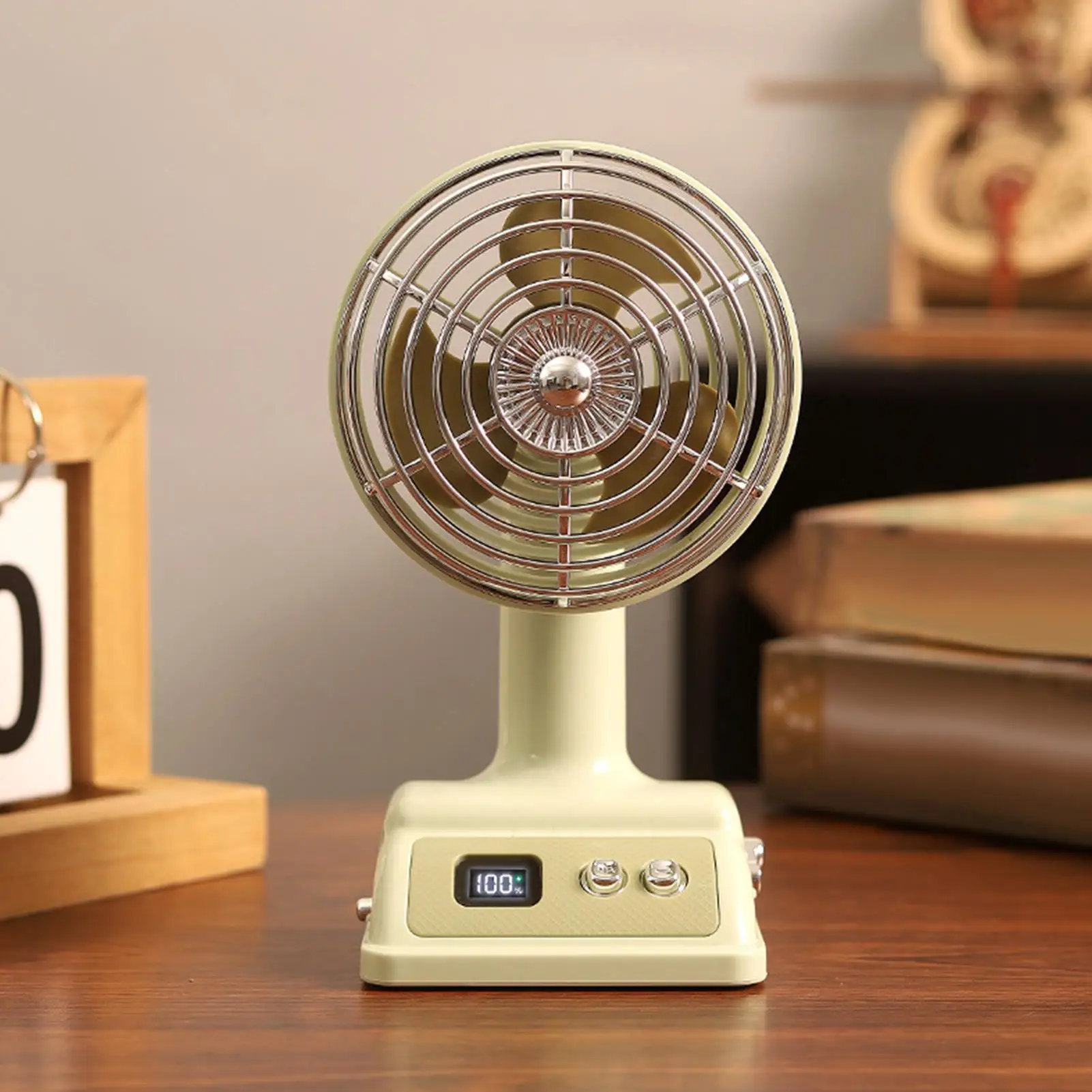 Compact Retro Mini Desk Fan with Digital Display and USB Rechargeable Cooling