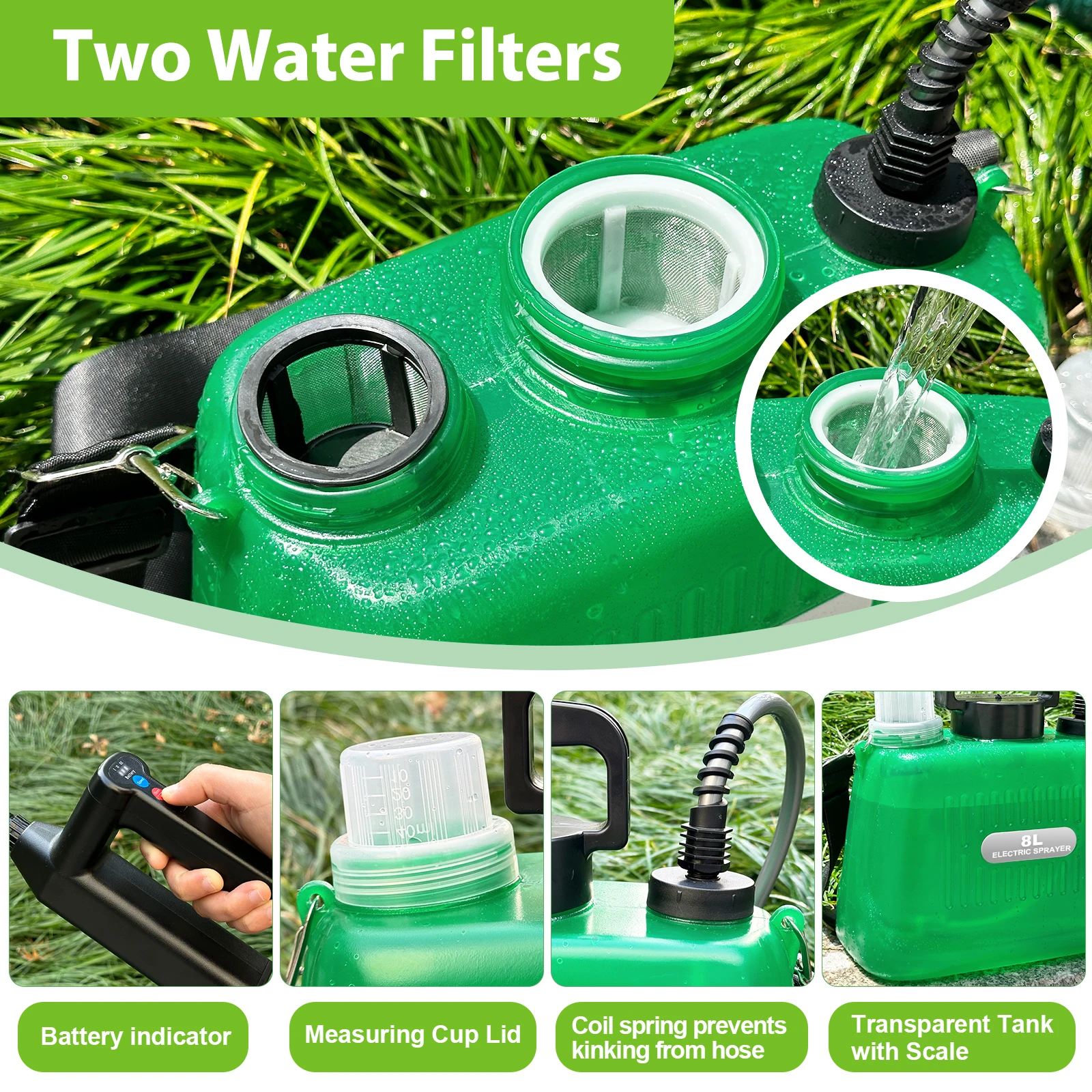 VAXMAY 8L Green Battery Powered Sprayer 2 Gallon Rechargeable Upgrade Electric Sprayer with 3 Adjustable Speed Battery Indicator