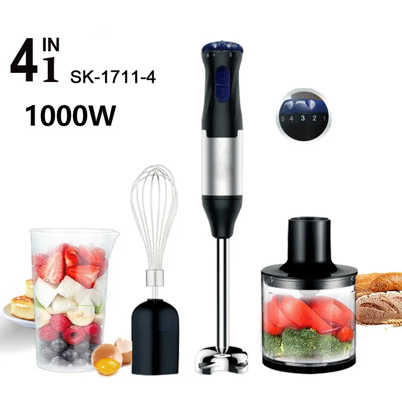 

Homgeek Electric Hand Blender Portable 1000W 6-Speeds 4-in-1 Immersion Blender Stainless Steel Whisk Crush Machine Meat Grinder