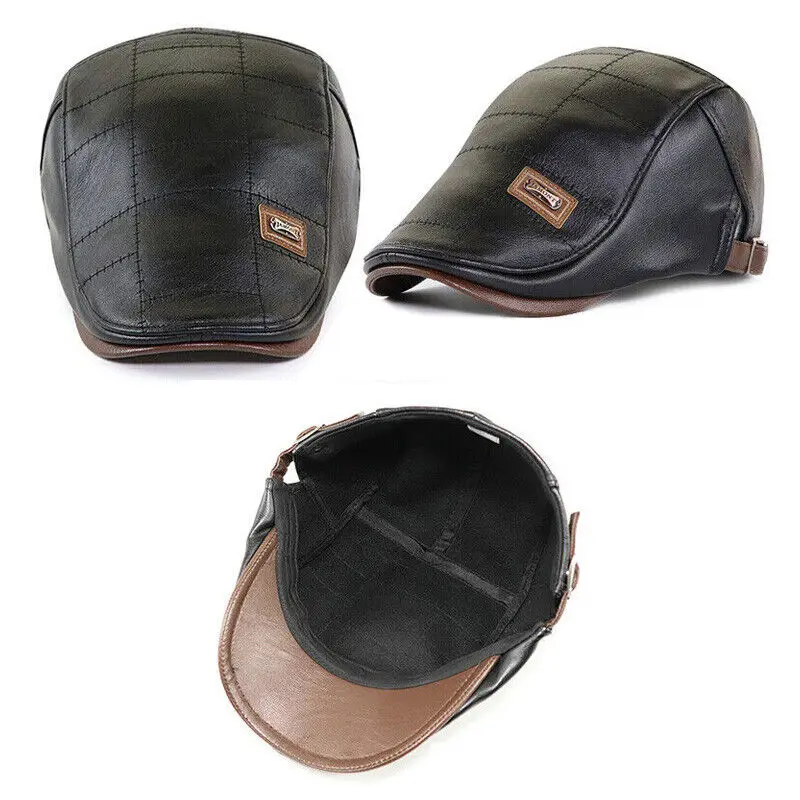 Beret Hat Spring Autumn New PU Leather Plus Velvet Middle-Aged Elderly Men\'s Warm Hat Outdoor Leisure Fashion Peaked Cap