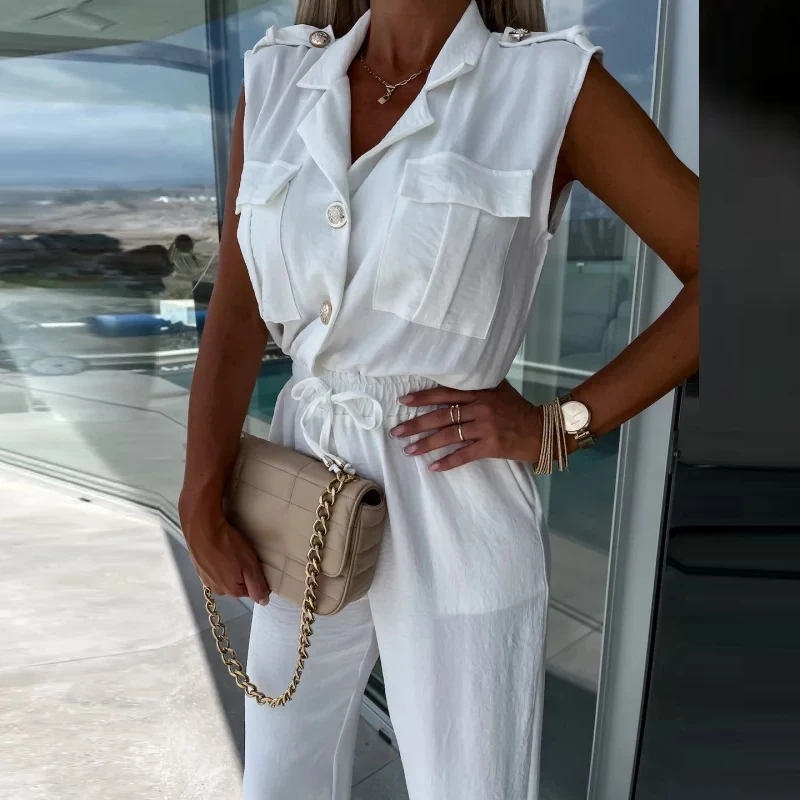 

Fashion Lady Lapel Sleeveless Long Pants Jumpsuits Vintage Multi Pocket Playsuit Summer Casual Drawstring Waist Commuting Romper