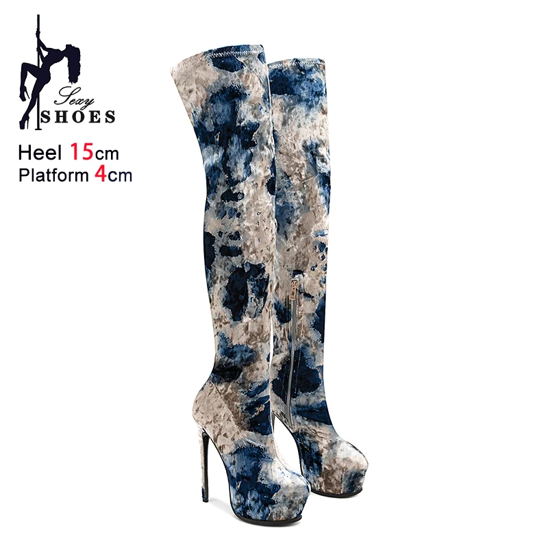 Mixed color Women Platform Stretch Velvet Over-the-knee Sock Boots 15CM Stiletto Heels Sexy Slim Leg Pole Dance Stripper Shoes