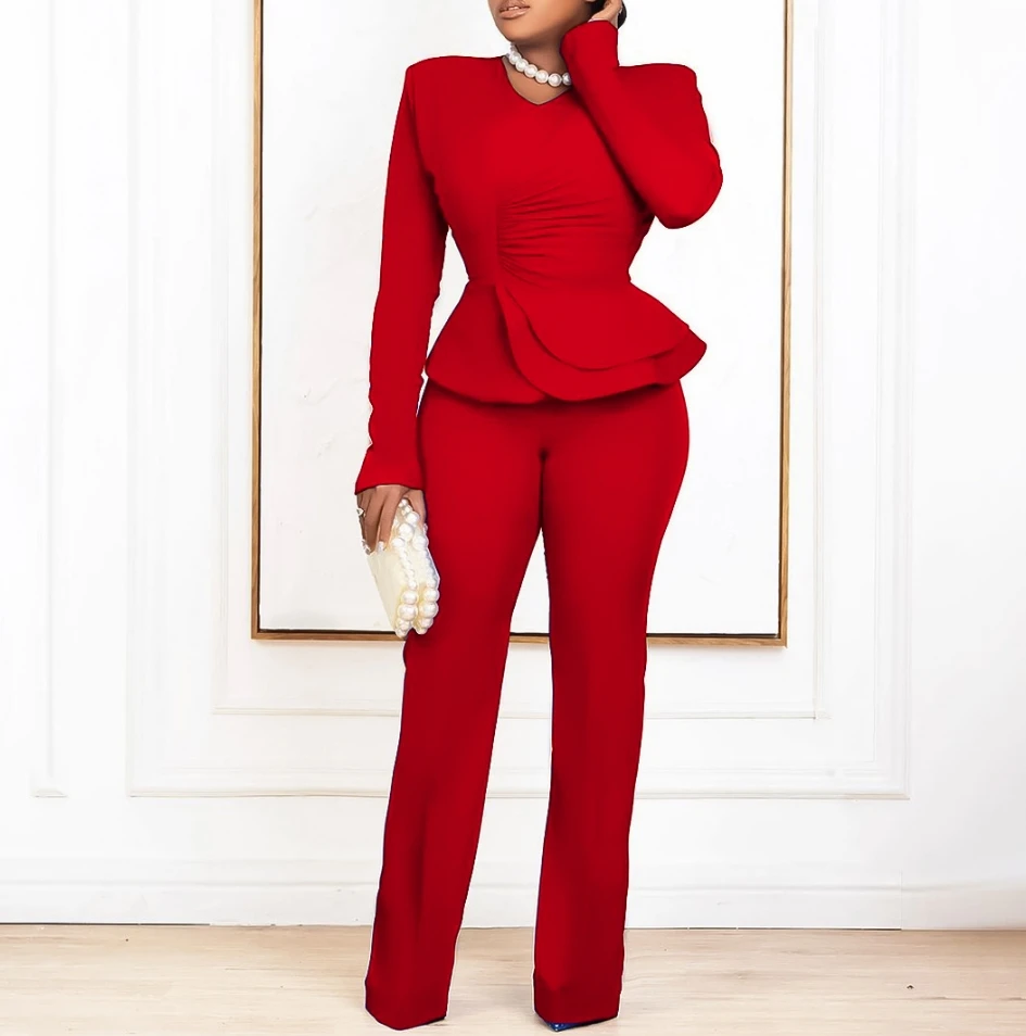 Women 2 Piece Sets 2024 Spring Fashion Temperament Commuting Office Ruffled V-Neck Tops and Slim High Waisted Pants Sets