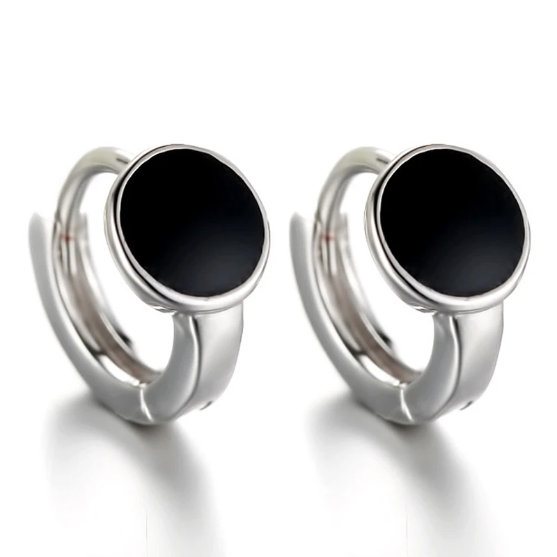 925 Sterling Silver New Jewelry Fashion Small Black Wafer Hoop Earrings For Women XY0126