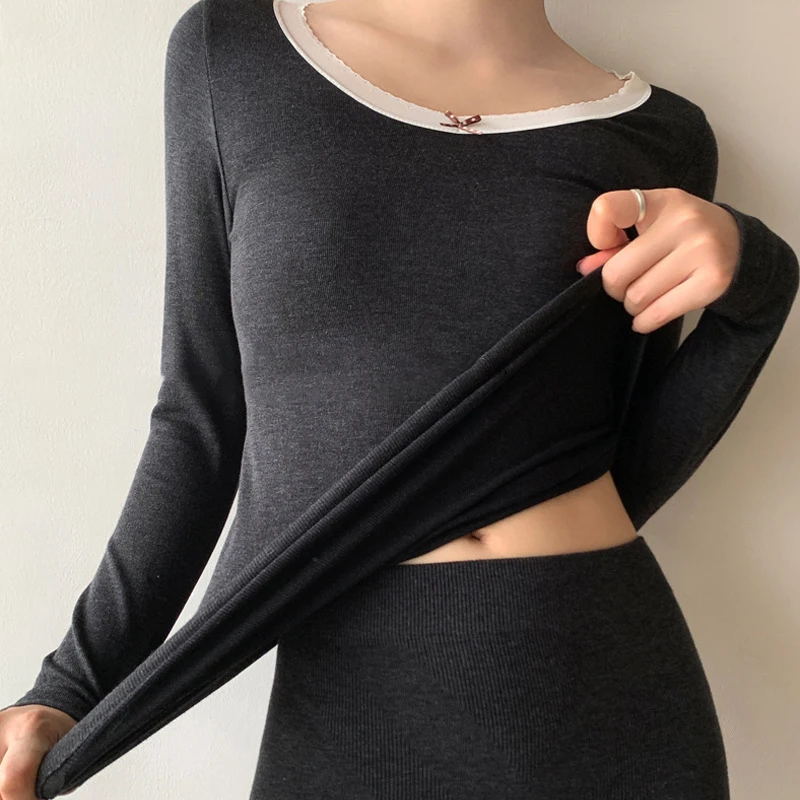 Winter Warm Underwear Suit Women's First Layer Undershirt Slimming Thermal Underwear Set Solid Pajamas Thermos Nightwear