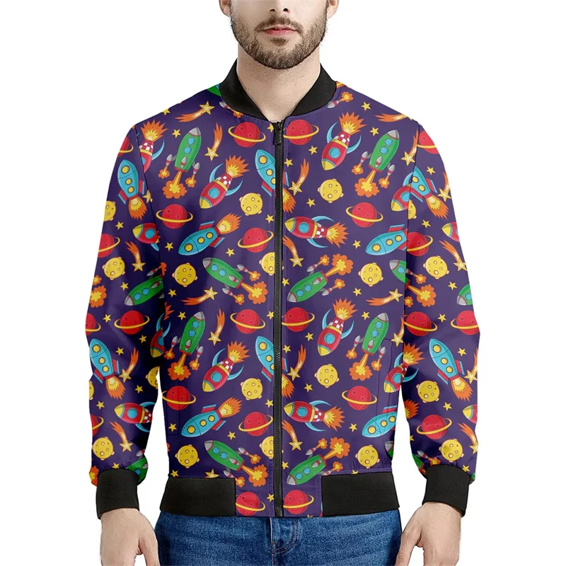 thumbnail image 1 of Chaqueta con estampado de cohetes de dibujos animados para hombres y mujeres, abrigo con estampado 3D brillante, chaqueta informal de gran tamaño estilo Harajuku con cremallera para niños, mangas larg, 1 of 5