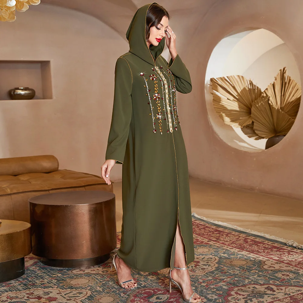 2022 Summer Abayas for Women Hooded Maxi Long Dress Diamond Dubai Arabic Kaftan Ethnic Clothes Holiday Islamic Muslim Fashion