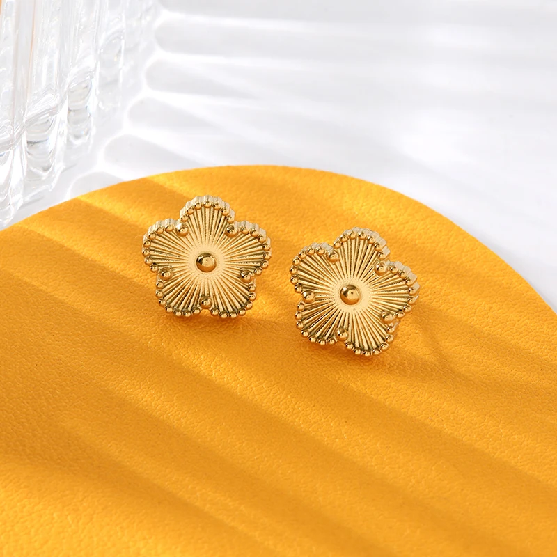 GANEMLY 316L Stainless Steel Golden Plum Blossom Five Leaf Flower Stud Earrings For Women Fashion Waterproof Clover Jewelry Gift - Image 4