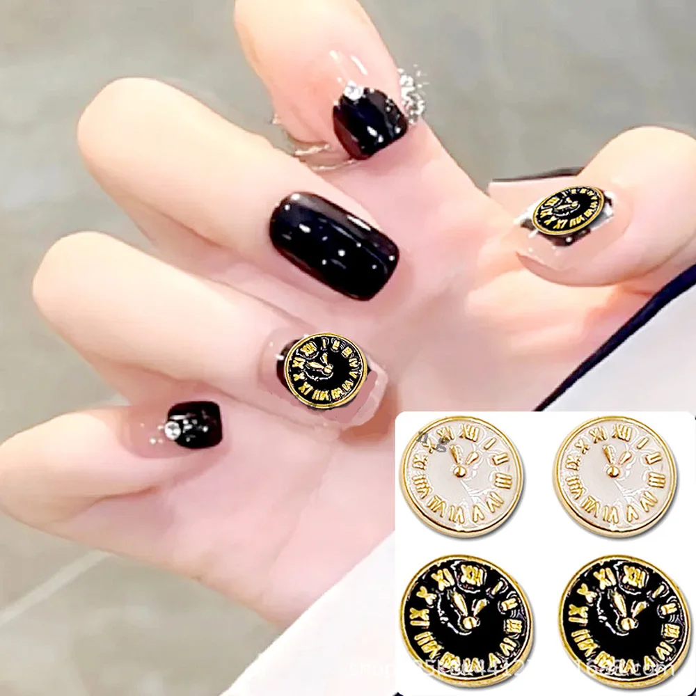 

10pcs Classic White Black Clock Nail Art Charm 3D Keen French Shiny Classical Clock Nail Decoration Luxury DIY Nail Accessories