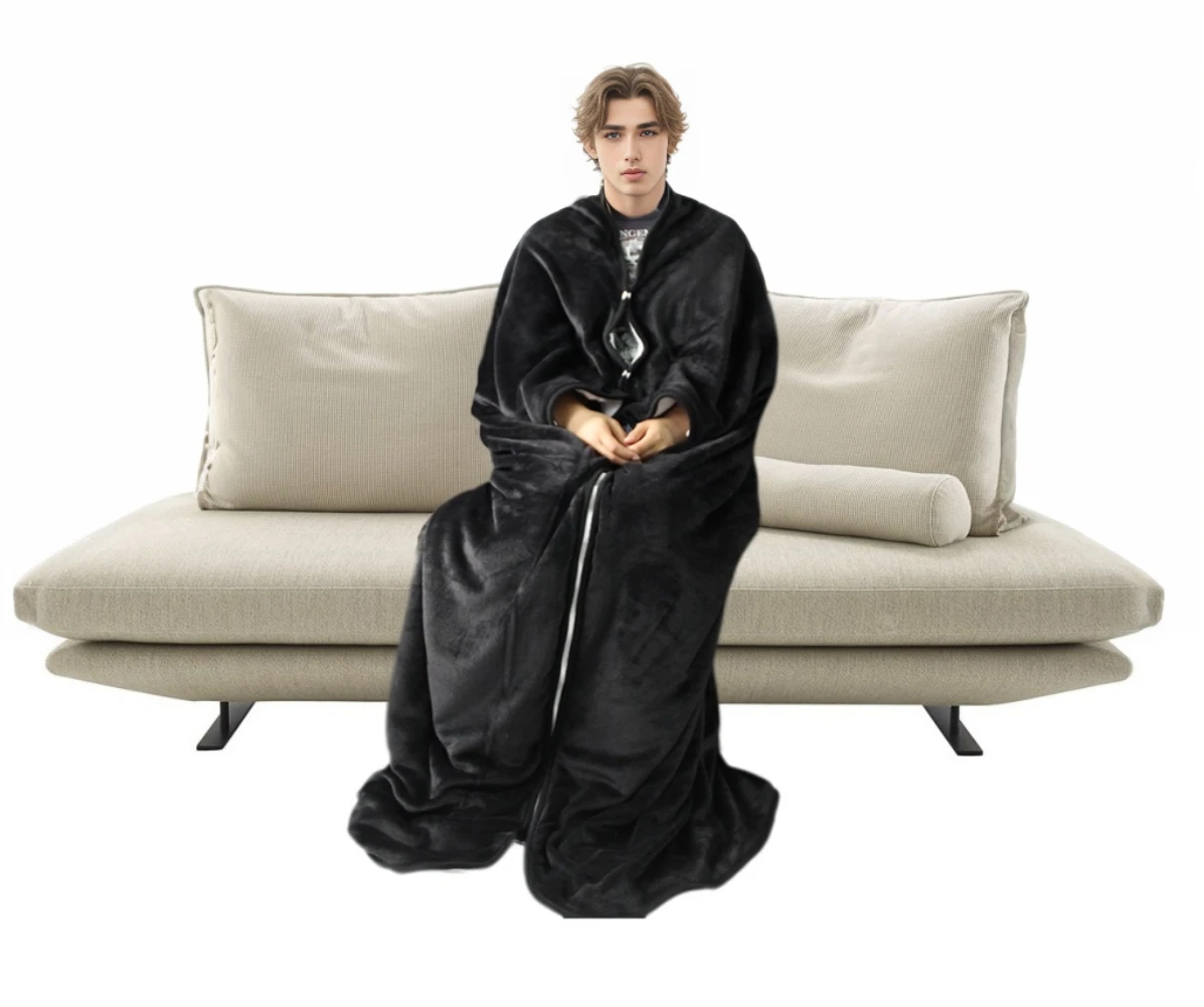 

Bucephalus Lazy Cloak Blanket With Pure Black Snuggly Faux-Fur Cozy Wearable Blanket As A Sweatshirt