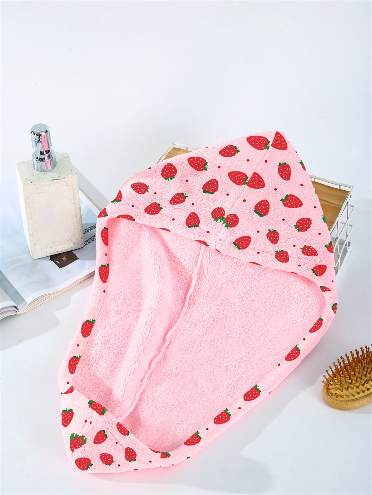 1pc,ultra-fine fiber quick drying towel, cartoon strawberry pattern towel cap, bathroom accessories, women's designer shower cap