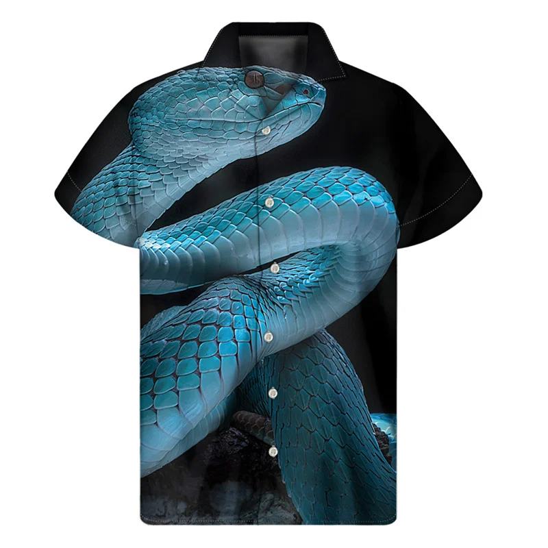 thumbnail image 1 of Camisas hawaianas con estampado 3D de serpientes de colores brillantes para hombre, camisa de verano con botones y solapa, blusa holgada de manga corta, 1 of 5