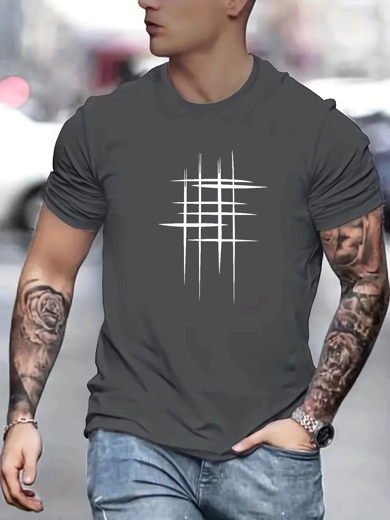 Summer Men's Cotton Casual Loose Size Graphic Line Print Round Neck Short Sleeve T-shirt Top Summer Men Clothes T shirt Men