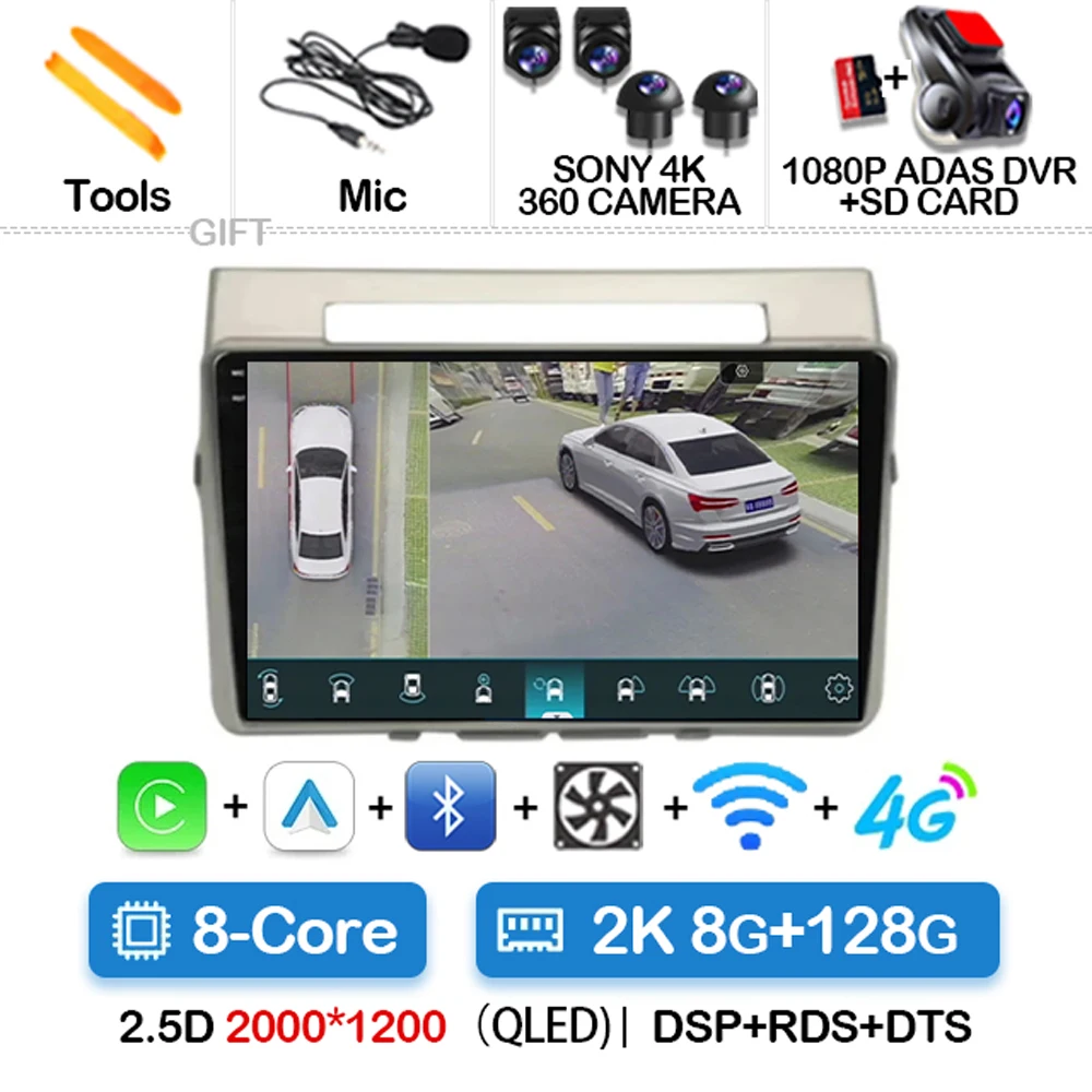 Autoradio 9'' Per Toyota Corolla Verso 2004-2009: Android 15, 8 Core, 4+64GB, Wireless Carplay, GPS, DSP