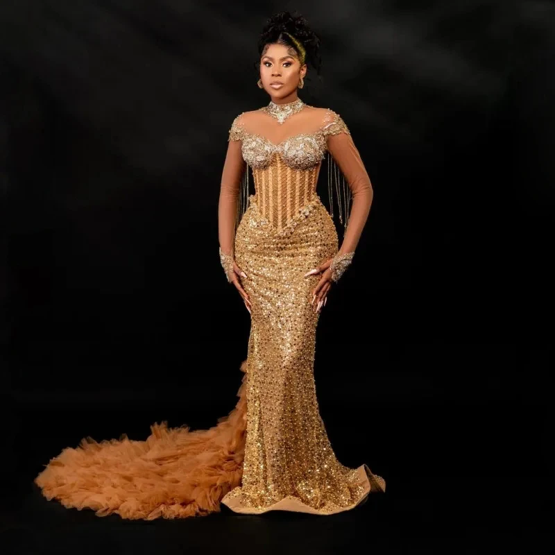 Stunning Gold Beaded Lace African Prom Dresses Sheer Neck Long Sleeve Tassels Mermaid Evening Formal Dress with Tulle Train Gown
