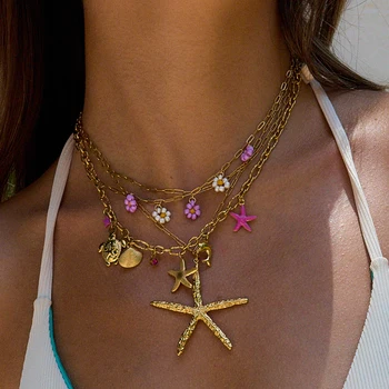 Zora Ocean Holiday Style Stella marina Conchiglia Tartaruga Collana multi con ciondoli Gioielli da donna impermeabili in acciaio inossidabile placcato oro 18 carati 1