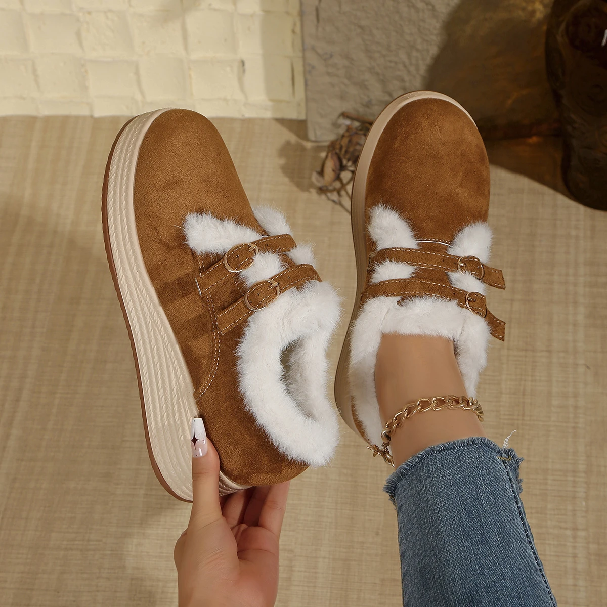Aphixta Classic 5cm Wedge Heels Woman Ankle Boots Hook Loop Suede Furry Woman Shoes Warm Plush Lining Winter Lady Footwear