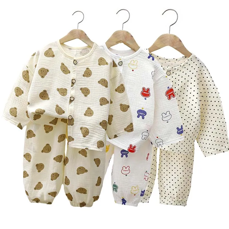 

Summer Muslin Kids Clothes Set Girl Boy Suit Autumn Tops Pants 2Pcs Korean Clothing for Children Loungewear Home Baby Sets