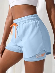 Women's High Rise Yoga Shorts with Elastic Comfort and Layered Design - M (Sky Blue)