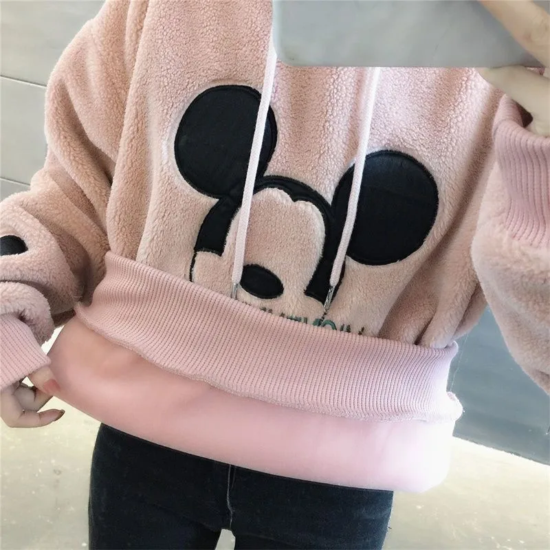 Disney Cute Mickey Minnie Mouse Hoodies Women Autumn Winter Pullover Tops Cartoons Femme Plus Velvet Clothes 6