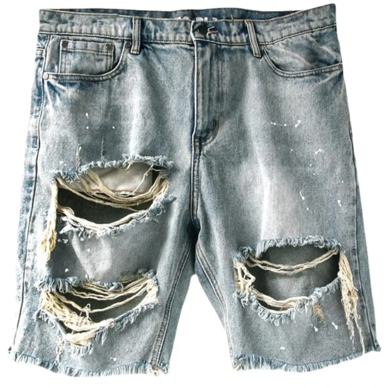 Spring Summer Fashion Denim Shorts Men Vintage Hollow Out Ripped Design Straight Jean Short Pant for Men Streetwear Trend