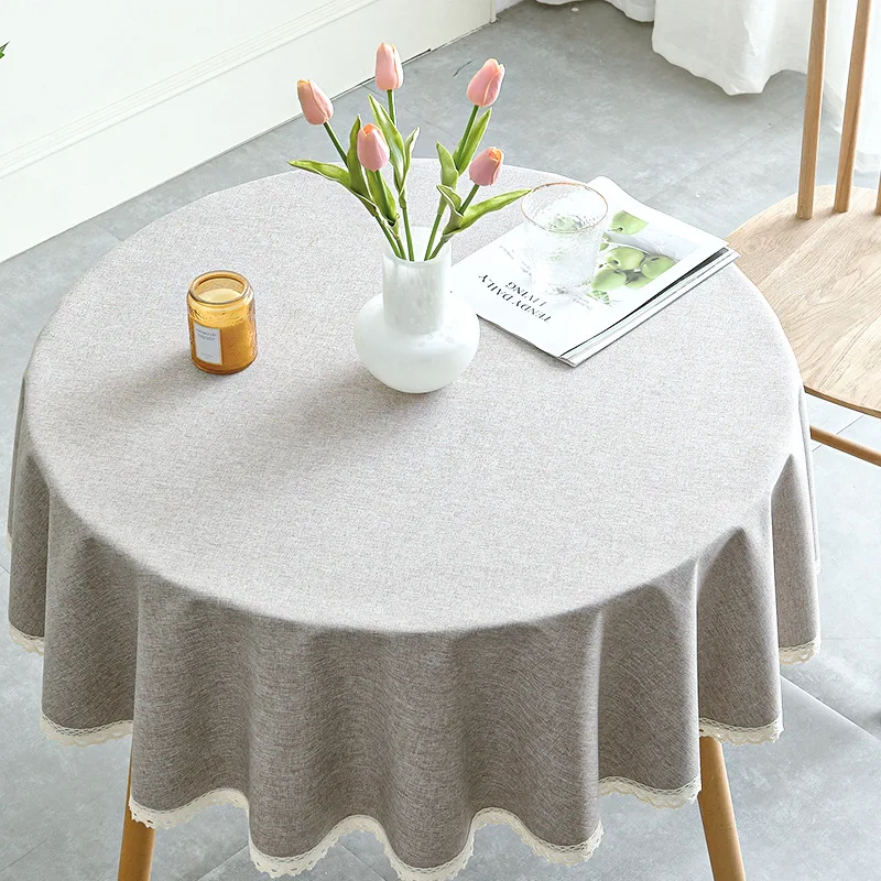 1pc Waterproof and Oil-Proof Round Table Cloth with Lace Edge,Nordic Style Solid