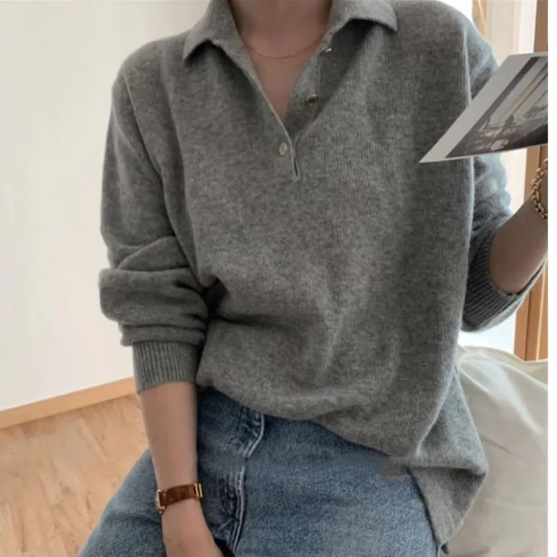 Japanese Large Knitted Sweater Loose Pullover Soft Top Autumn/Winter Women's POLO Collar Hot Selling Brazilian Wool Shirt