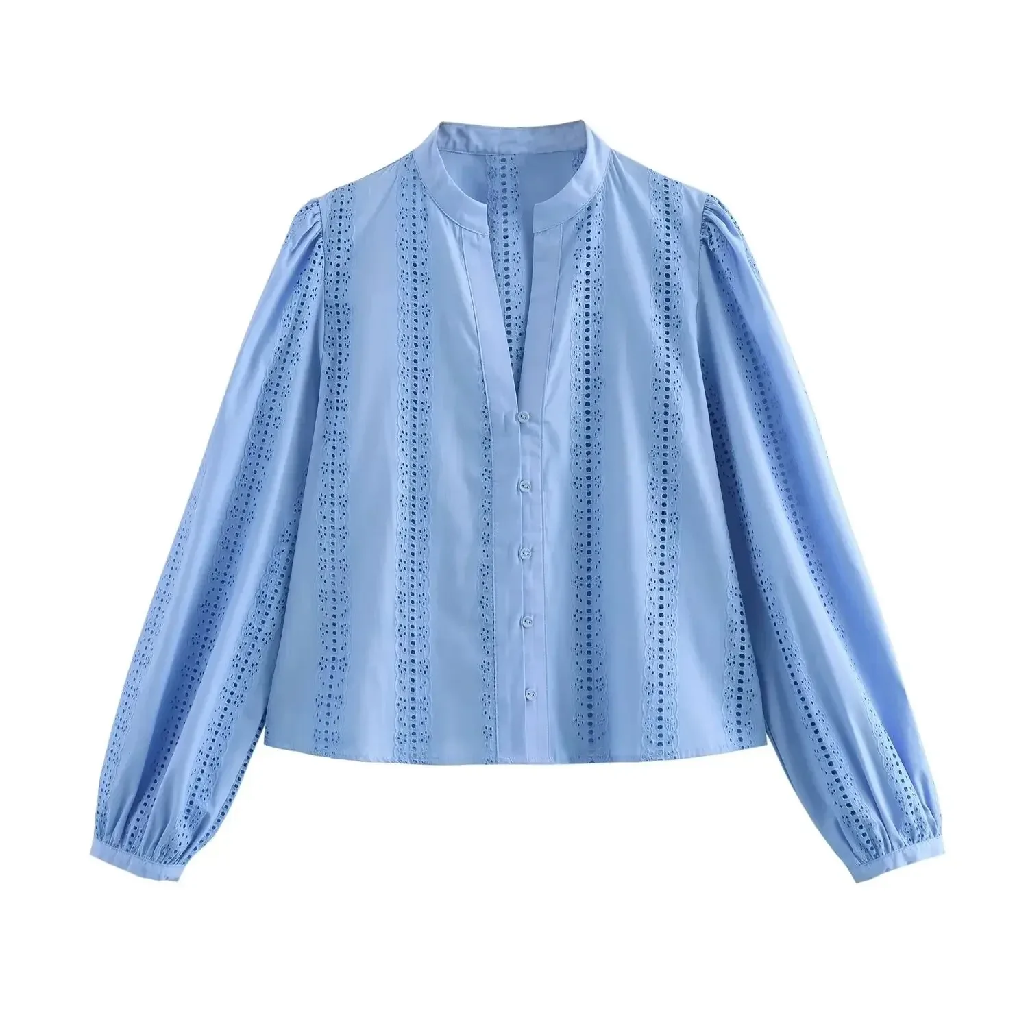 Women's Lace-Up Hollow Out Embroidered Puff Sleeve Cropped Shirt