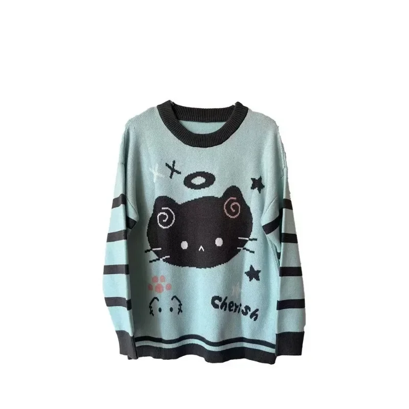 Y2k Striped Kawaii Women Sweaters Cartoon Embroidery Harajuku Japanese Fashion Knit Pullovers Loose Cute Winter 6