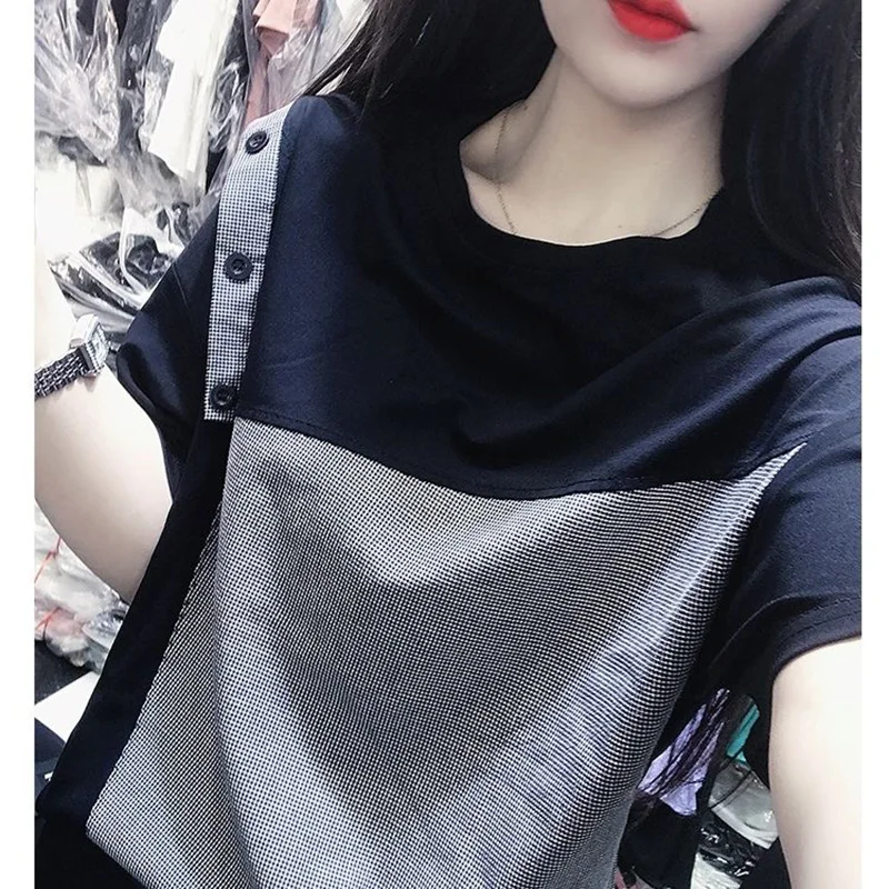 

Fashion O-Neck Spliced All-match Asymmetrical T-Shirt Female Clothing 2023 Summer New Casual Pullovers Loose Korean Tee Shirt