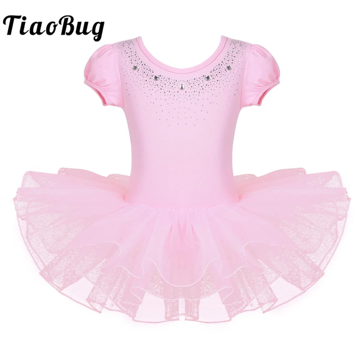 

Kids Girls Rhinestones Ballet Dance Gymnastics Leotard Dress Ballerina Short Bubble Sleeves Mesh Tutu Skating Dancewear