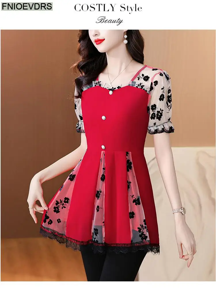 Hot Sales Autumn 2024 Women European Fashion Elegant Black Shirt Sheer Mesh Ruffles Casual Tunic Belly Peplum Tops And Blouses