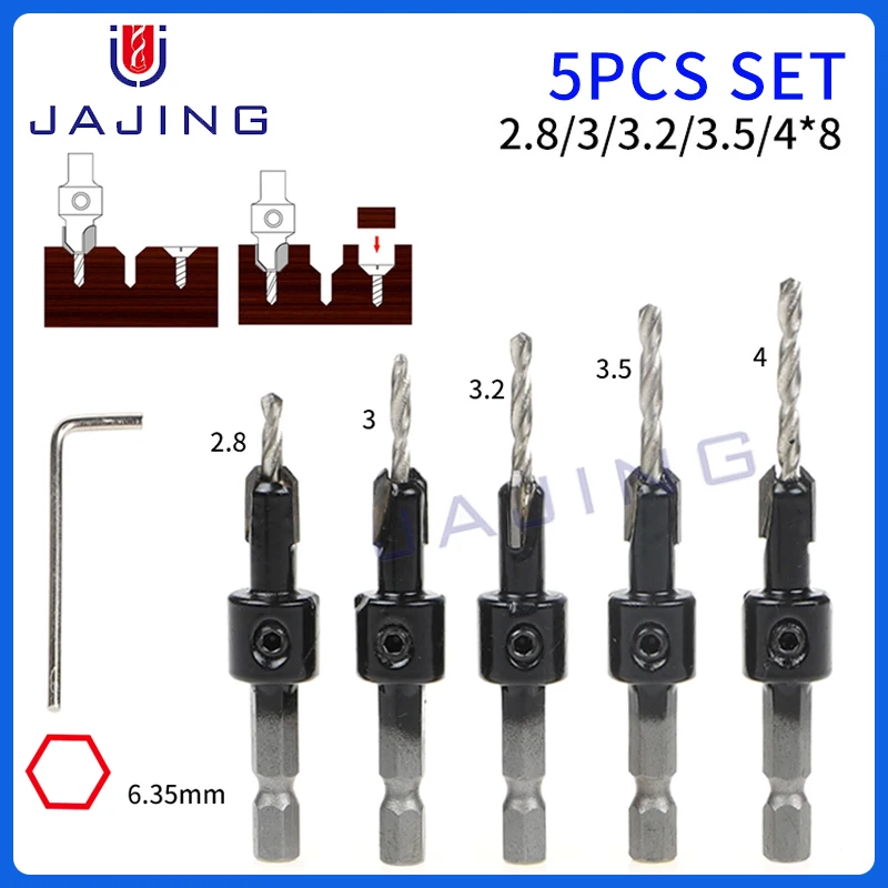 5pc Set 1/4 Hex HSS Countersink Woodworking Router Bit 2.8-4 Milling Cutter Screw Extractor Remon Demolition Wood Core Drill Bit