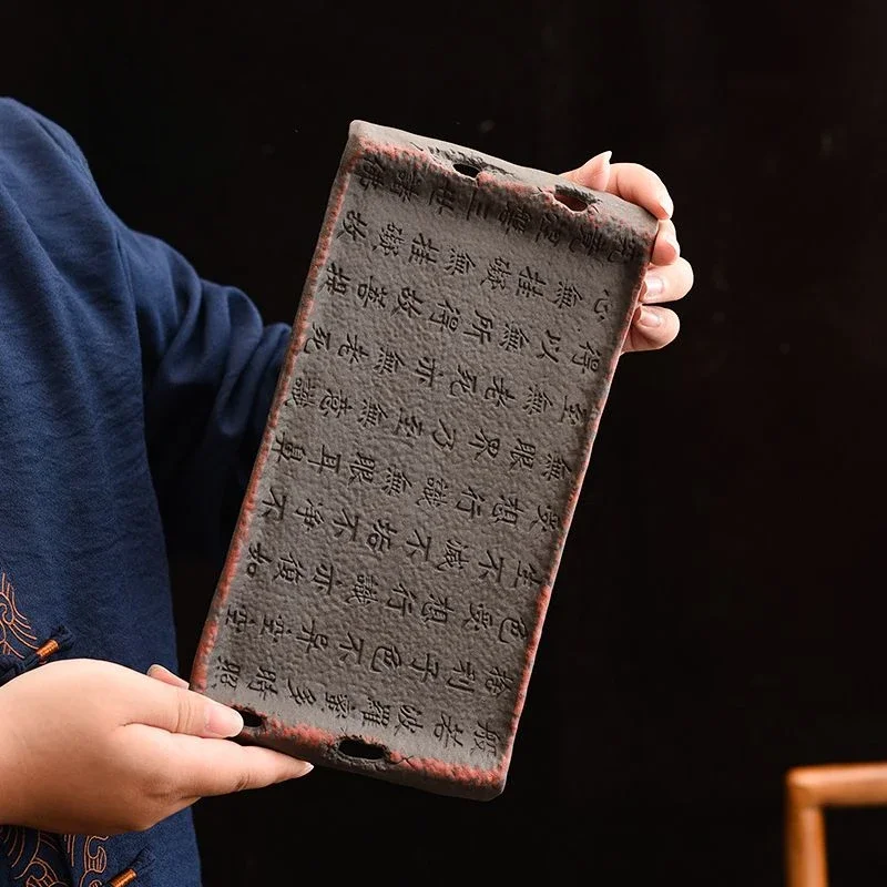 Vintage Coarse Clay Tea Tray - Aged Rock Mud Ceramic Tabletop Dry Brewing Board, Rectangular Kungfu Tea Set with Non-Slip Base