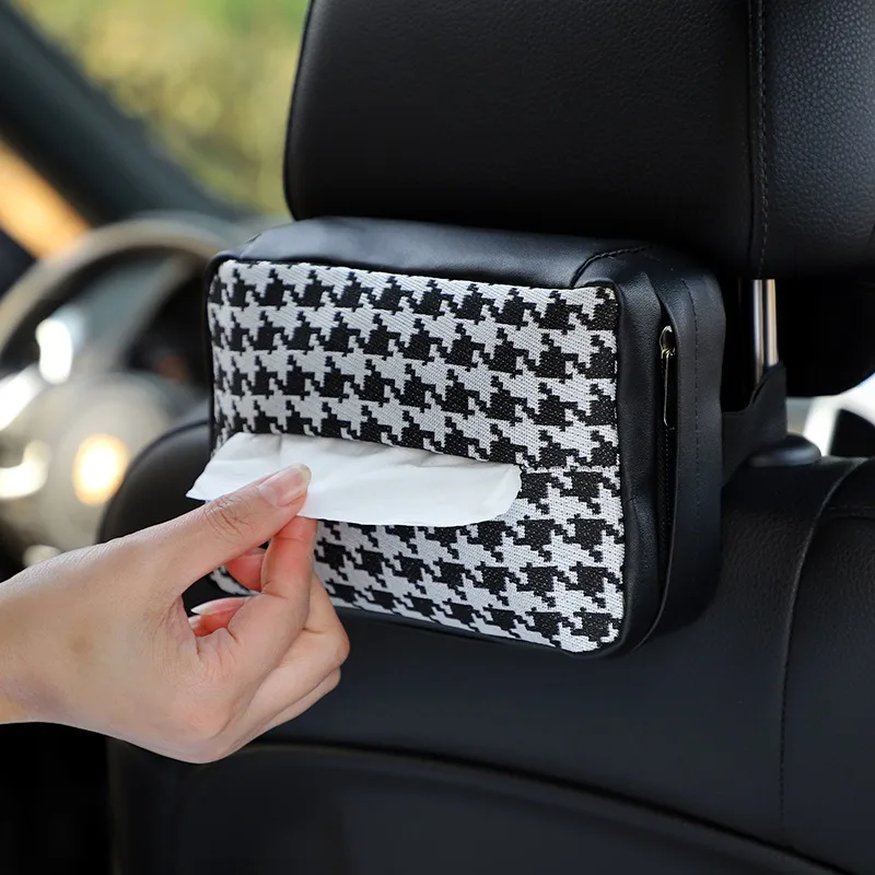 

New Qianniao Grid Car Tissue Box Leather Car Hanging Multifunctional Paper Drawer Box Fashion Car Interior Supplies