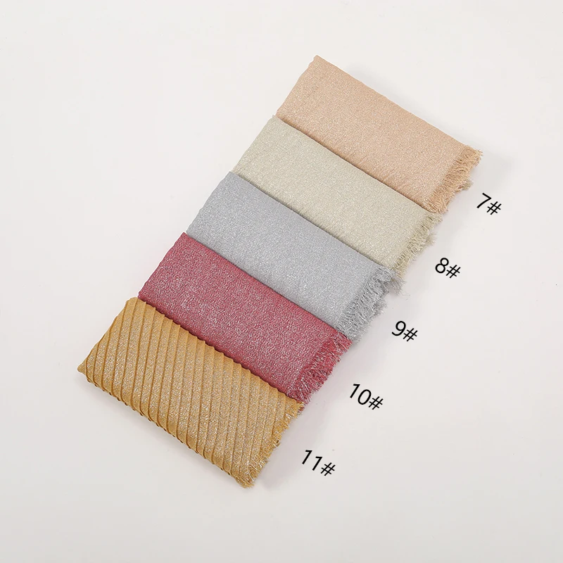 Schlichte Lurex Glitter Schimmer Falten Schal Schal Dame klassisches Design glänzendes Stirnband Wrap einfarbige Quaste Schals muslimischen Hijab – Detail 4
