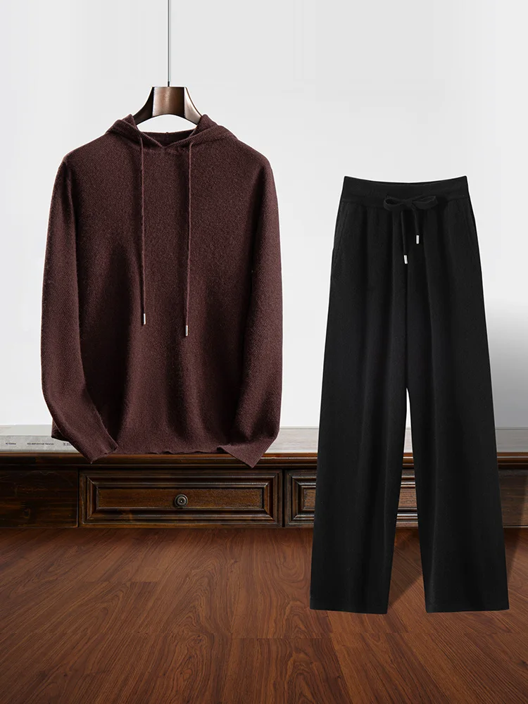 Men 100% Cashmere Sweater Pants Suit Hooded Pullover Straight Trousers Autumn Winter Casual Style Cashmere Knitted Clothing 3