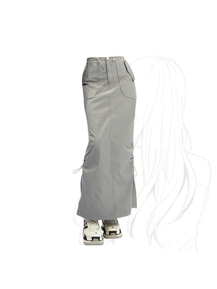 

Vintage Skirts 2023 Streetwear Women's Summer Grey Cargo Skirt Harajuku Casual Chic Korean Fashion Y2k Clothes A-line Long Skirt